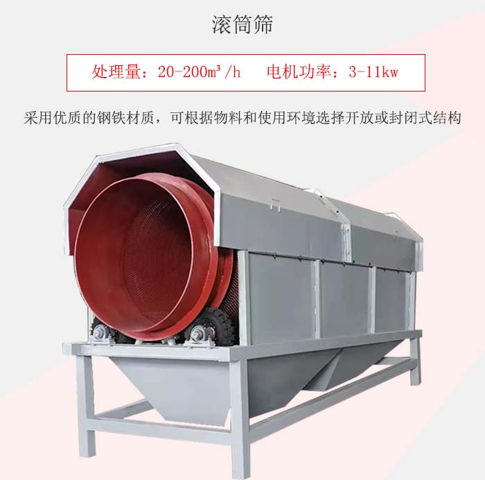 滾筒篩采用優(yōu)質(zhì)的鋼鐵材質(zhì)，可根據(jù)物料和使用環(huán)境選擇開放或封閉式結(jié)構(gòu)