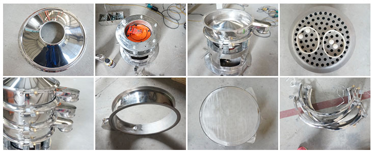 不銹鋼振動篩結(jié)構(gòu)展示：防塵蓋，出料口，閘門，篩網(wǎng)于彈跳球，底座，振動彈簧等。