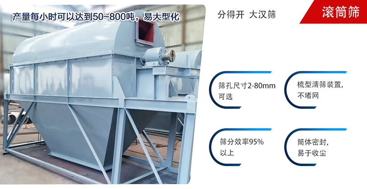 滾筒篩分開放式,封閉式兩種選擇無塵篩分。無軸滾筒：適用生活垃圾等一些有一定纏繞性物料;有軸滾筒：適用石料，砂土等含水量較少的物料