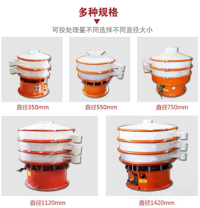 塑料振動篩不同篩分直徑進行展示：350，550，750，1120，1420等。
