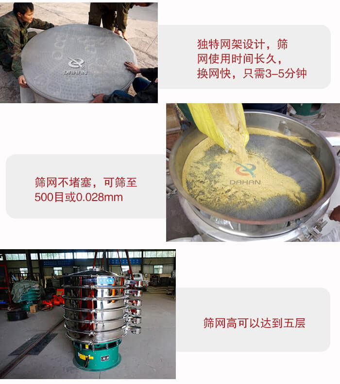三次元振動(dòng)篩的特點(diǎn)：篩網(wǎng)使用時(shí)間長(zhǎng)換讓時(shí)間短，篩網(wǎng)不堵塞，可篩至500目或0.028mm。