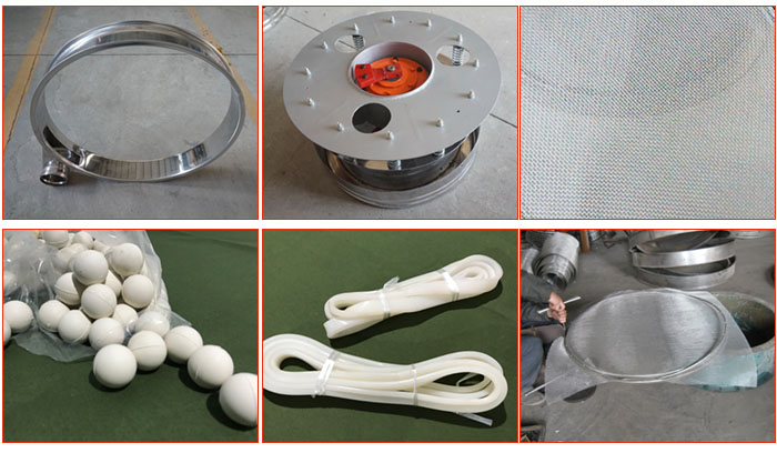 800型全不銹鋼振動篩配件有：振動篩篩框，電機，不銹鋼篩網(wǎng)等。