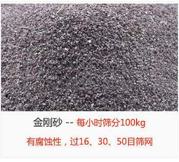 篩分金剛砂每小時100kg，有腐蝕性，過16、30、50目篩網(wǎng)