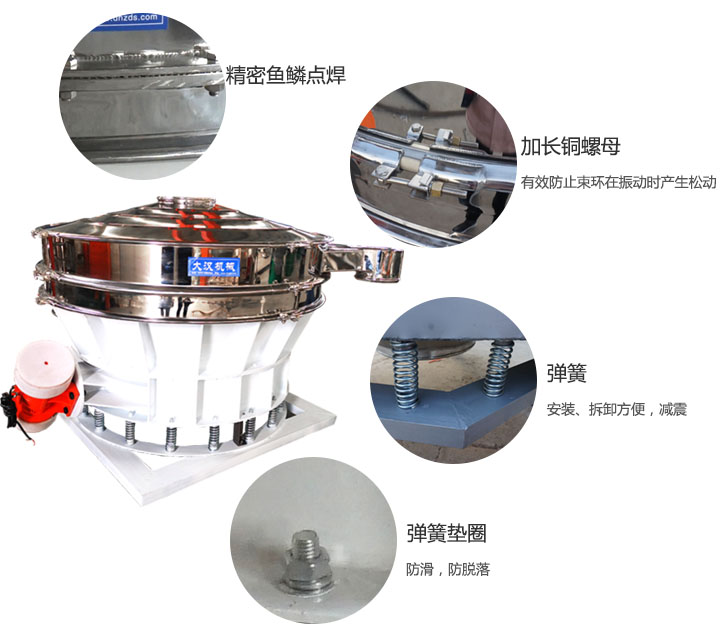 1500直排篩細節(jié)展示：彈簧，彈簧墊圈，加長銅螺母。