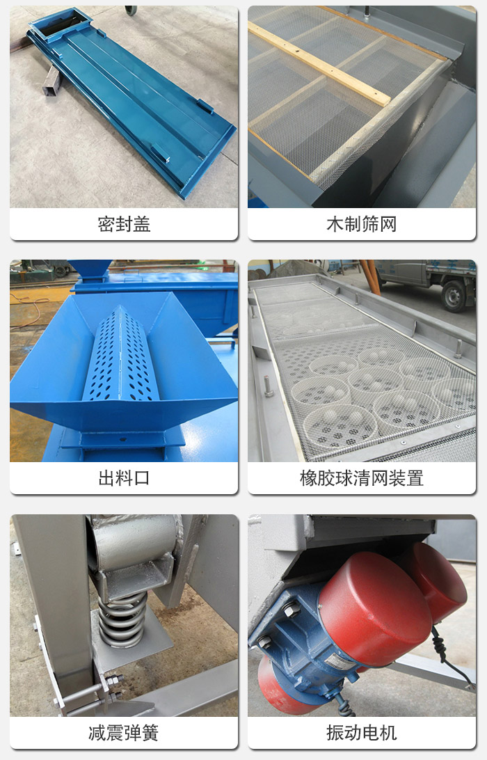 直線篩分機的結(jié)構(gòu)展示圖：篩箱是物料主要篩分設備之一，篩網(wǎng)用于篩分物料，振動電機幫助篩網(wǎng)篩分。