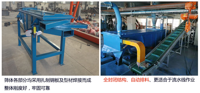 直線篩分機篩體各部分均采用扎制鋼板及型材焊接而成整體剛度好，牢固可靠；全封閉結(jié)構(gòu)、自動排料、更適合于流水線作業(yè)。