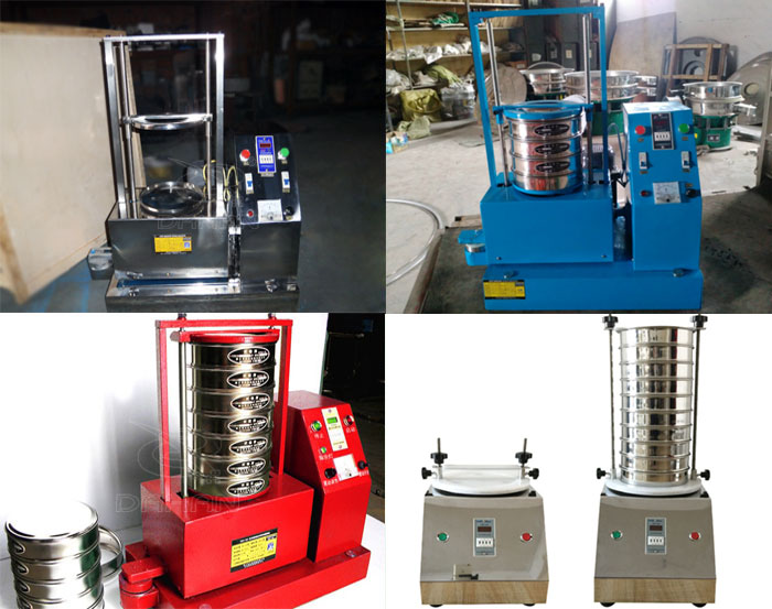 三種不同類型的試驗(yàn)篩，區(qū)別控制臺(tái)在下部或在右側(cè)。材質(zhì)為不銹鋼和碳鋼兩種，碳鋼材質(zhì)做了噴漆有：紅色和藍(lán)色兩種。