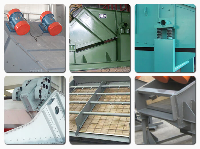 礦用振動(dòng)篩主要由激振器、篩體、篩網(wǎng)、減振裝置及座架等組成。篩箱由篩框、篩板、襯板等組成