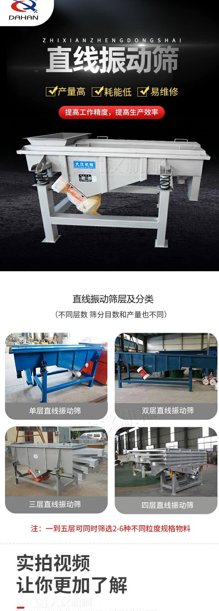 直線振動(dòng)篩概述，產(chǎn)量高，耗能低，易維修，提高工作精度，提高生產(chǎn)效率，直線振動(dòng)篩層級(jí)分類：不同層數(shù)，篩分目數(shù)和產(chǎn)量也不同：?jiǎn)螌?，雙層，三層，四層等。