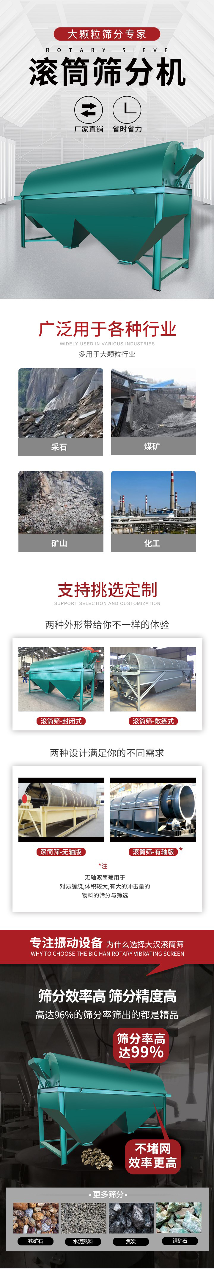 滾筒篩分機(jī)大顆粒篩分專家：廠家直銷，省時(shí)省力。滾筒篩被廣泛應(yīng)用各種行業(yè)：多用于大顆粒行業(yè)例如：采石，煤礦，礦山，化工等。滾筒篩定制類型有哪些：封閉式與敞篷式產(chǎn)品結(jié)構(gòu)分為：無(wú)軸式，有軸式兩種，無(wú)軸滾筒篩用于對(duì)纏繞，體積較大，有大的沖擊量的物料的篩分與篩選。滾筒篩篩分效率高篩分精度能夠達(dá)到：96%也比較適用于鐵礦石，水泥熟料，焦炭，銅礦石。滾筒篩特點(diǎn)：不飛粉末：密封隔離罩，密封性好，工作過(guò)程不會(huì)出現(xiàn)飛粉現(xiàn)象。外型尺寸是按筒體長(zhǎng)計(jì)