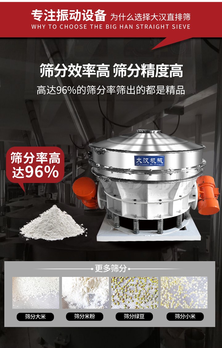 直排篩適用物料有面粉，淀粉，洗衣粉，金屬粉，添加劑，化工，非礦等行業(yè)。