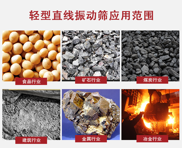 輕型直線振動篩應(yīng)用范圍較廣多使用與顆粒狀，粉狀以及其它重型行業(yè)的輸送。