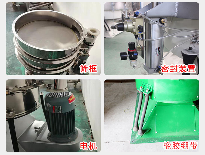 搖擺篩結(jié)構(gòu)：電機，橡膠繃帶，篩框，密封裝置等。
