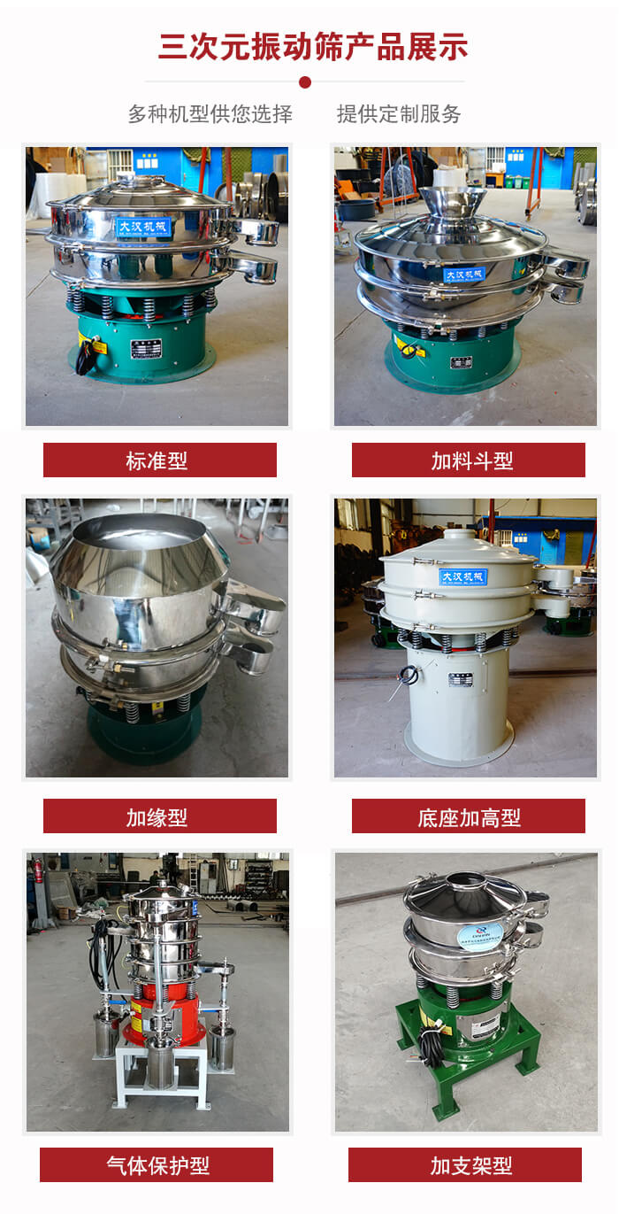 三次元振動(dòng)篩不同結(jié)構(gòu)展示：標(biāo)準(zhǔn)型，加料斗型，加緣型，底座加高型，氣體保護(hù)型，加支架型。