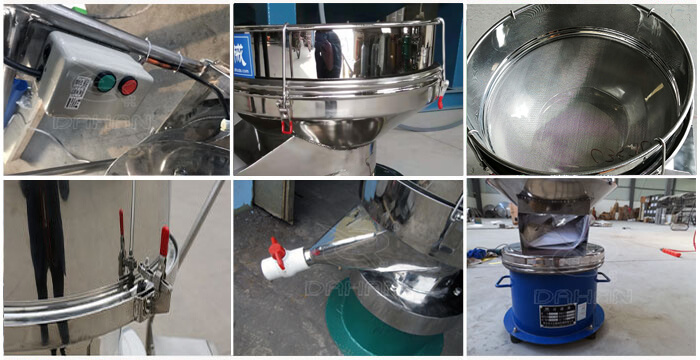 過濾篩細節(jié)展示：控制開關，篩框，出料口閥門，底座等