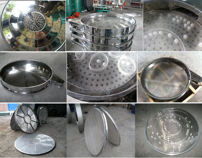 食品振動篩細節(jié)展示：防塵蓋，篩框，網(wǎng)架，底框等。